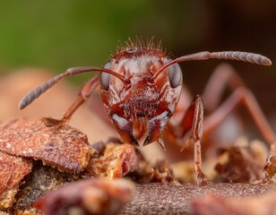 Red wood ant in extreme macro close up on a branch, with intricate features on full display against a forest backdrop. Highlighting nature's wild beauty up close