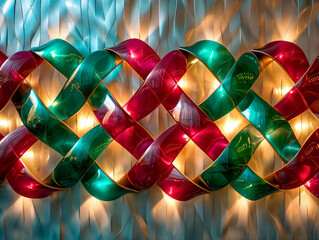 Wall Mural - A colorful ribbon with a green and red stripe is lit up. The ribbon is made of plastic and is twisted into a spiral shape. The ribbon is lit up with lights, creating a festive and cheerful atmosphere