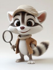 Wall Mural - Cute Raccoon Detective Holding Magnifying Glass