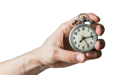 Hand holding stopwatch on transparent background 