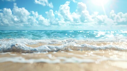 Poster - Blurry ocean background with a sandy shore for product display on a sunny day.