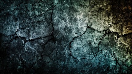 Poster - A close-up view of a textured wall featuring visible cracks in vibrant blue and green hues highlighting an industrial style