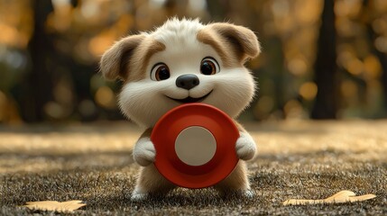 Poster - Cute Cartoon Dog Holding a Red Disc in a Forest