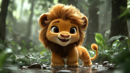 Poster - Adorable Cartoon Lion Cub in the Jungle