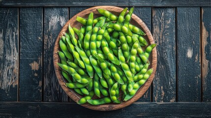 Poster - A wooden bowl is filled with bright green edamame pods, showcasing their vibrant color against a dark, textured wooden surface
