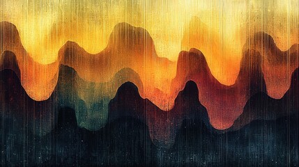 Fototapete - Wavy layers of bright colors create an abstract representation of mountains against a textured backdrop, evoking a stunning sunset atmosphere