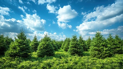 Canvas Print - A dense grove of pine trees thrives in lush green grass under a vibrant blue sky filled with scattered clouds on a clear day