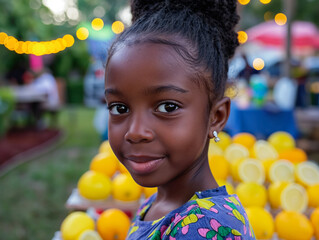 Canvas Print - A young girl with a black head and brown hair is smiling at the camera. She is wearing a blue and yellow shirt and is standing in front of a table full of oranges