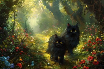 Two black cats roam through a lush, colorful forest path adorned with flowers under the gentle sunlight