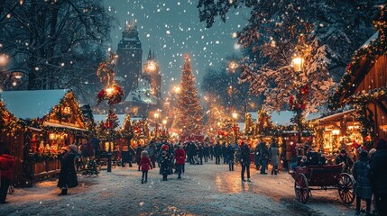 Poster - Crowds enjoy a festive winter market adorned with lights, holiday decorations, and a large Christmas tree, all dusted in fresh snowfall