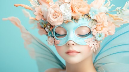 A serene young woman wearing a floral mask and wings, embodying beauty and fantasy against a soft blue background.