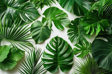 Aufkleber - Various tropical leaves are beautifully arranged on a light background, showcasing their lush textures and vibrant green hues