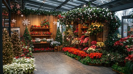 Poster - This indoor garden showcases a variety of seasonal plants, including poinsettias, surrounded by festive decorations for winter