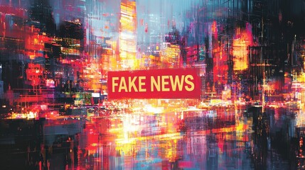 Aufkleber - A colorful cityscape at night showcases the concept of fake news with bold text amidst a blend of lights and urban atmosphere