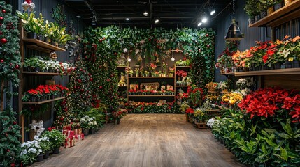 Wall Mural - Colorful plants and decorations fill a well-lit indoor space, creating a festive atmosphere for the holiday season