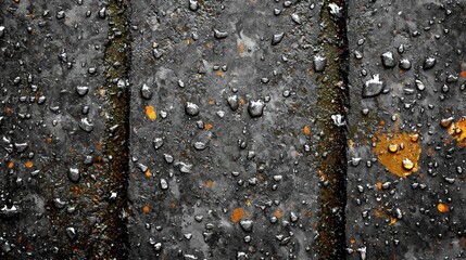 Poster - Raindrops accumulate on a weathered metal surface, revealing texture and rust spots, creating a rich, detailed appearance in a damp environment