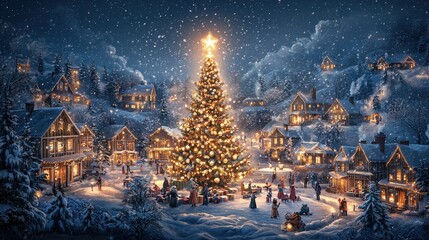 Poster - Families gather around a glowing Christmas tree in a snowy village, enjoying the holiday spirit amidst twinkling lights and decorations