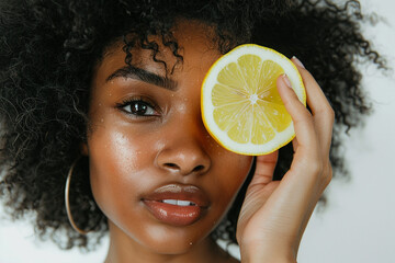 A young woman with dark curly hair holds a lemon slice over her eye. She has natural, glowing skin. The image is bright and has a minimalist aesthetic.