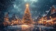 © Fleuronica - A picturesque village displays a grand Christmas tree surrounded by twinkling lights and people enjoying the winter festivities in a snowy atmosphere