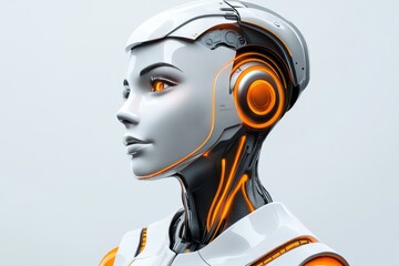 Wall Mural - Futuristic female robot with sleek design and headphone blending modern aesthetics and AI technology