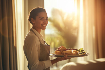 a woman holding a plate of food in her hand