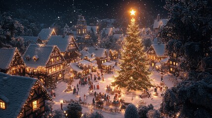 Poster - Snow-covered village adorned with twinkling lights and a large Christmas tree, as families gather around in festive celebration during the holiday season