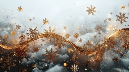 Poster - Golden swirls and snowflakes dance in a cloudy winter sky during dusk, creating a magical festive atmosphere