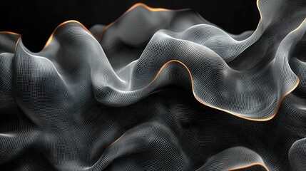 Fototapete - Fluid, wavy fabric drapes gracefully, illuminated with a soft glow against a dark background, creating a dynamic visual effect