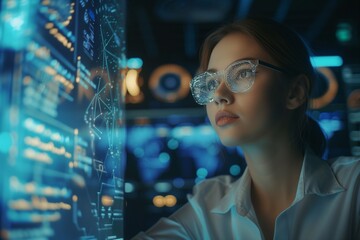 Poster - Woman in Glasses Studying Data on Large Interactive Screen in Dark Room