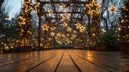 Canvas Print - A captivating pathway is illuminated with glowing stars and twinkling lights, creating a magical atmosphere in the winter garden during dusk