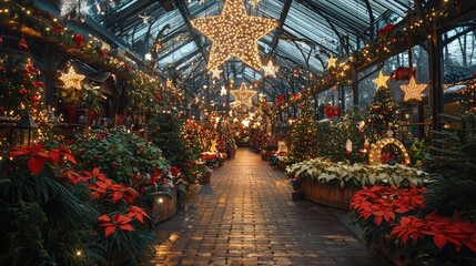 Canvas Print - A charming greenhouse is adorned with twinkling lights, vibrant plants, and festive decorations, inviting visitors to enjoy the holiday spirit