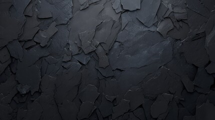 Poster - A close-up view of a textured dark stone wall showcasing uneven slate layers and cracks, highlighted by natural lighting creating shadows