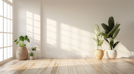 Minimalist interior with a wooden floor, an empty wall mockup, sunlight and plants ,modern interior design,modern living room, room with wall and window, room with a window, plant pot in room