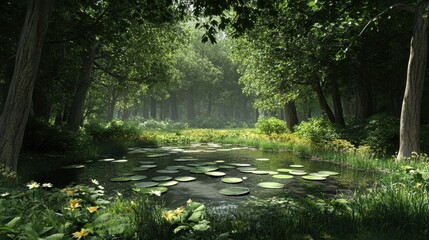 Wall Mural - A tranquil forest glade with a small pond and lily pads