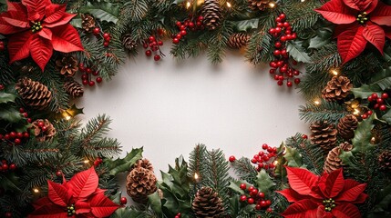 Poster - A decorative wreath made of pine branches, red flowers, pinecones, and berries, creating a vibrant and festive atmosphere for the holidays
