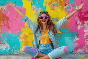 A young woman sits with her arms raised, smiling widely in front of a brightly painted wall featuring splashes of pink, yellow, and blue