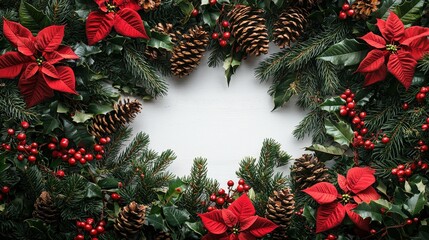 Poster - A beautiful holiday wreath features red poinsettias, pinecones, and berries, creating a cheerful decoration suitable for seasonal celebrations