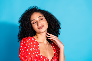 Poster - Photo of pretty young woman closed eyes touch neck wear top isolated on blue color background