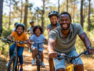 Sticker - A man and his family are riding bikes in a forest. The man is smiling and the children are laughing