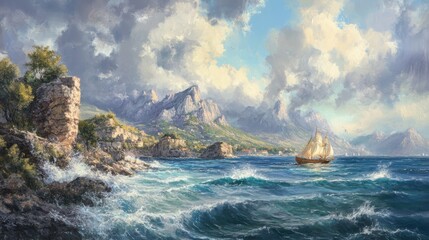 A picturesque coastal scene with rugged cliffs and crashing waves