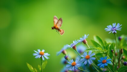 Sticker - Butterfly and blue flowers in a green garden.