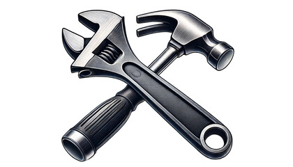 A detailed illustration of a wrench and a hammer crossed over each other on a transparent background. The wrench is metallic with a polished surface and a subtle gray hue