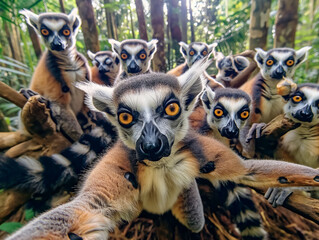 Wall Mural - A group of lemurs are gathered together on a branch. One of the lemurs is looking at the camera