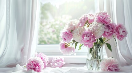 Wall Mural - Decorated interior: pink peonies and white flowers in vase on white background