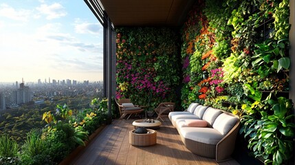 Luxurious rooftop terrace featuring a vibrant vertical garden with colorful flowers and plants, offering stunning views of a city skyline.