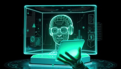 Wall Mural - Futuristic Interface With Holographic Head and Hand Holding a Tablet.