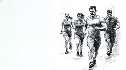 Wall Mural - Pencil sketch outline of A group of sports person exercise at gym