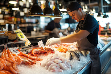 a man in a kitchen preparing seafood