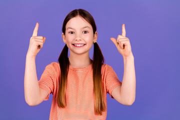 Sticker - Photo portrait of pretty little girl point empty space wear trendy red outfit isolated on purple color background