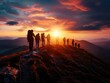 © Nawarit - Mountain hike with a group of climbers reaching the summit, capturing the achievement and breathtaking view, Adventure, Bright hues, Photography